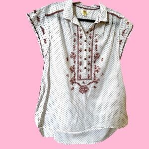 Anthropologie/Maeve embroidered oversized cotton shirt-White & deep rose-Medium